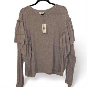 Easel Brown Ruffle Sleeve Top